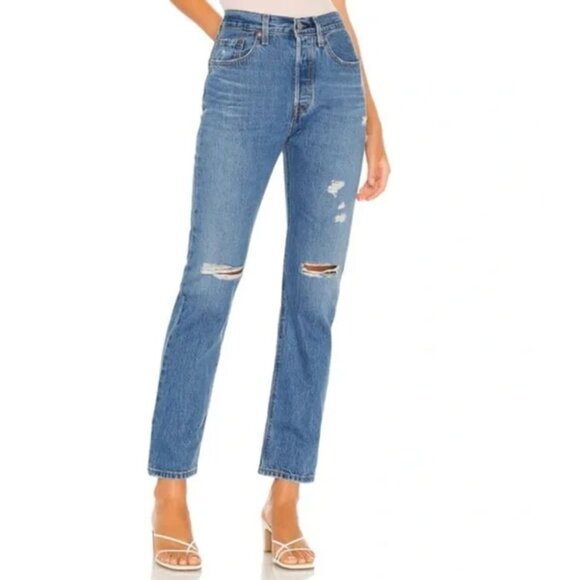 Levi’s 501 High Rise Distressed Straight Leg Cropped Jeans Size 27 - Picture 1 of 6
